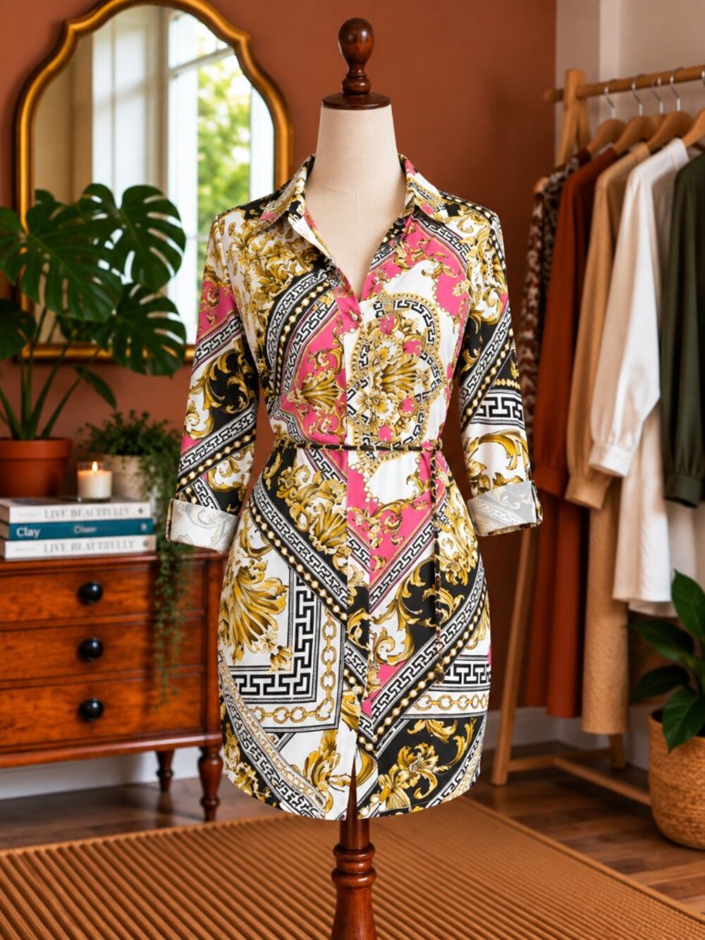 Guess Pink and Gold Geometric Shirt Dress